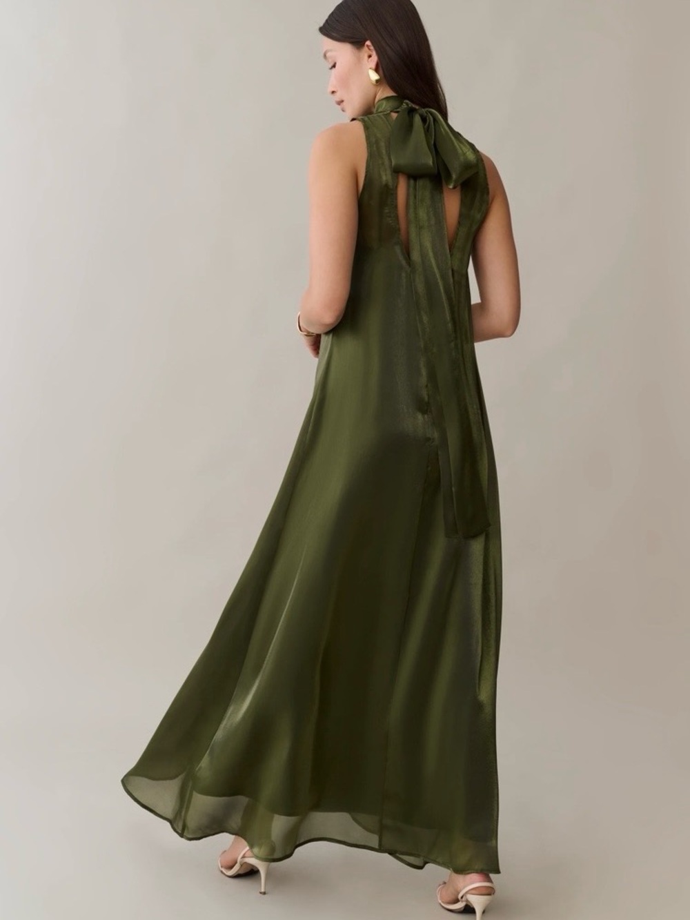 Few Moda Caara Olive Green High-Neck Satin Maxi Dress